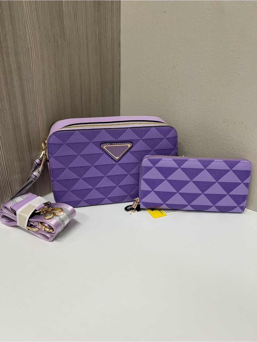 Purple Geometric Crossbody Bag Set with Zip Wallet